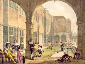 Bowls on the Terrace at Bramshill år 1600, från Architecture of the Middle Ages av Joseph Nash, publicerad 1838