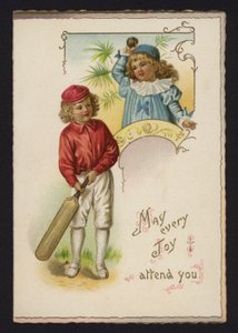 Pojke och flicka spelar cricket, gratulationskort, sent 1800- eller tidigt 1900-tal av English School