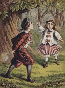Pojke och flicka leker med slagträ och boll (färglitografi) av English School