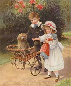 Pojke och flicka skjutsar sin hund i en vagn (chromolitho) av English School