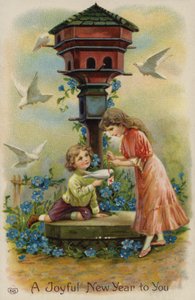 Pojke och flicka skickar julhälsningar med duva (chromolitho) av English School