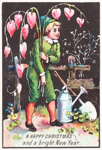 Pojke som bär blödande hjärta blommor, julkort av English School