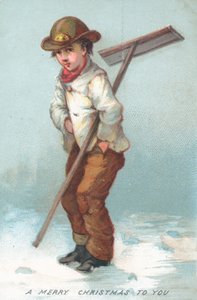Pojke som röjer bort snö, julkort av English School