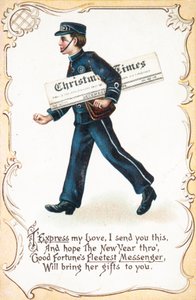 Pojke leverans Christmas Times tidning, julkort av English School