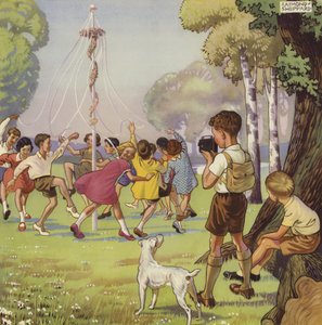Pojke som filmar barn som dansar runt en majstolpe (litho i färg) av English School