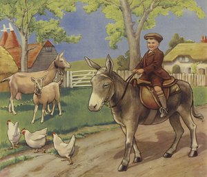 Pojke som rider på en åsna på den engelska landsbygden (färg litho) av English School