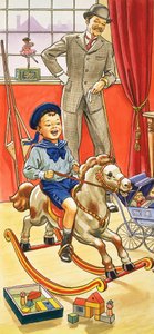 Pojke som rider en gunghäst av English School
