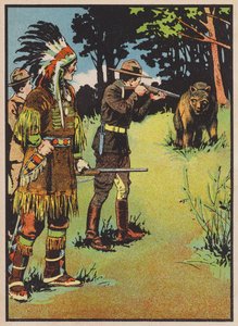 Pojkscout siktar med gevär mot en björn (färglitografi) av English School