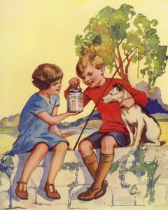 Pojke som visar upp de fem små fiskarna han har fångat (färg litho) av English School