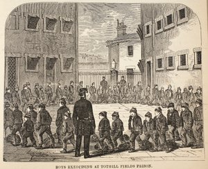 Pojkar som tränar på Tothill Fields Prison, illustration från The Criminal Prisons of London och scener från Prison Life av Henry Mayhew och John Binny, pub. 1862 av English School
