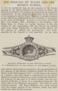Armband överlämnat till prinsessan av Wales till minne av öppningen av Mersey-tunneln (gravyr) av English School