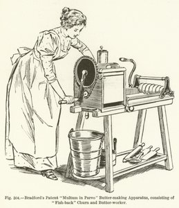 Bradfords Patent Multum i Parvo Smörtillverkningsapparat, bestående av Fish-back Churn och Butter-worker av English School