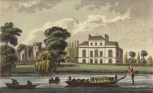 Brandenburg House, Hammersmith, London, hem för Caroline av Brunswick, drottning av Storbritannien och främmande fru till kung George IV (färgad gravyr) av English School