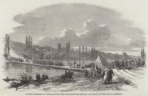 Överbryggande experiment i Joinville-le-Pont, nära Paris, före kejsaren, Lord Raglan och hertigen av Cambridge (gravyr) av English School