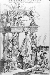 Britannia in Distress Under a Tottring Fabrick med en besvärlig last, cirka 1756 av English School