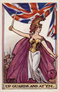 Britannia med soldater och unionsflagga (färglitografi) av English School