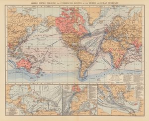 Brittiska imperiet, som visar världens handelsvägar och havsströmmar (färglitografi) av English School