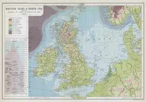 Brittiska öarna och Nordsjön med landhöjning och havsdjup (färglitografi) av English School