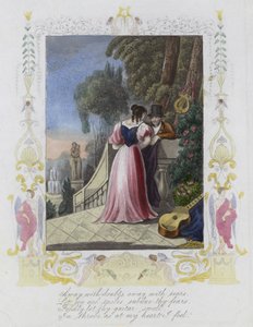 Brittiskt valentinkort med en bild av en man och en kvinna som står på en trädgårdsterrass av English School
