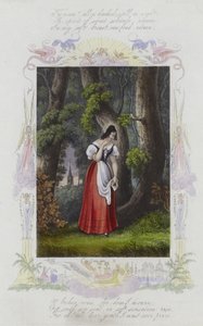 Brittiskt valentinkort med en bild av en kvinna som står bland en grupp träd av English School