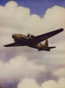 Brittiska Vickers Wellington medium bombplan under flygning (färg litho) av English School
