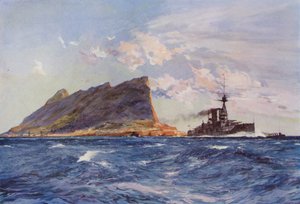 Brittiskt slagskepp utanför Gibraltar (färg litho) av English School