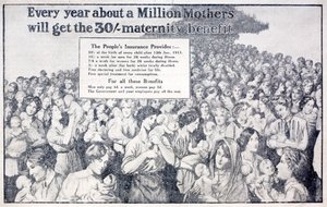 Brittiskt kort som främjar moderskapsförmåner som betalas av National Insurance infört av den liberala finansministern David Lloyd George (litho) av English School