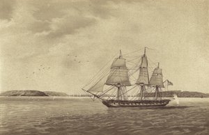 Brittiska fregatten HMS Fisgard, under befäl av kapten Thmas Byam Martin, på rekognosering utanför Brest, Frankrike (litografi) av English School