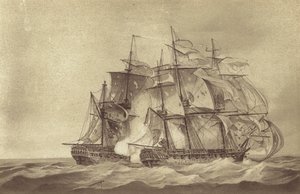 Den brittiska fregatten HMS Santa Margarita, under befäl av kapten Thomas Byam Martin, erövrar den franska fregatten Tamise, juni 1796 (litho) av English School