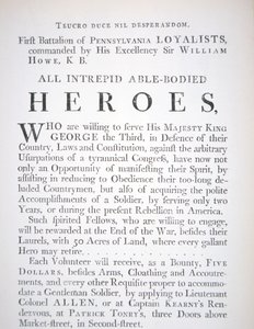 Brittisk rekryteringsaffisch för Pennsylvania Loyalists första bataljon under det amerikanska revolutionskriget (gravyr). av English School