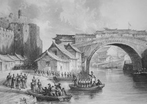Brittiska trupper landar vid Ching Keangs västra port under opiumkrigen, illustration efter en ögonvittnesskiss av kapten Stoddard (litho) (s/v version av 225386) av English School