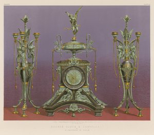 Klocka och kandelaber i brons av M Marchand, Paris (chromolitho) av English School