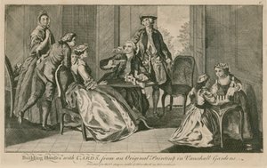 Bygga hus med kort, från en originalmålning i Vauxhall Gardens, London av English School