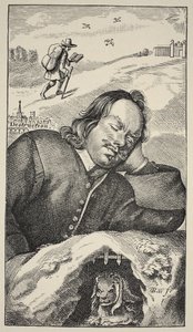 Bunyans Dream, frontispice av The Pilgrims Progress av John Bunyan (1628-88), 4:e upplagan, pub. 1680 (sepiafoto) av English School