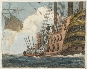 Buonaparte kapitulerar för engelsmännen (gravyr i färg) av English School