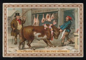 Slaktaren drar en tjur in i sin butik, julhälsningskort. (chromolitho) av English School