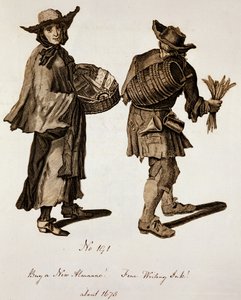 Köp en ny almanacka! Fint skrivbläck!, illustration av gatuförsäljare omkring 1675 av English School