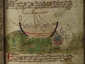 CCA-LitMs/D/10 fol. 30r Whale, från Bestiary av English School