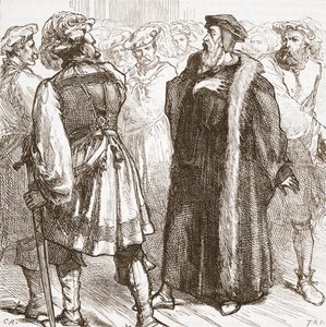 Calvin före sina fiender i rådet, illustration från The History of Protestantism av James Aitken Wylie (1808-1890), pub. 1878 av English School