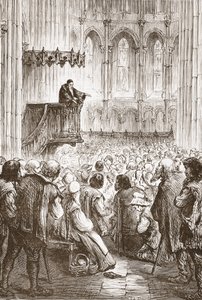 Calvin predikar sin avskedspredikan i väntan på förvisning, illustration från The History of Protestantism av James Aitken Wylie (1808-1890), pub. 1878 av English School