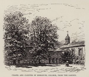 Cambridge: Chapel and Cloister of Emmanuel College, från trädgården (etsning) av English School
