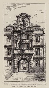 Cambridge: Gate of Entrance, Clare College, sett från domstolens insida (etsning) av English School