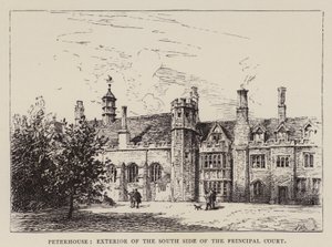Cambridge: Peterhouse, exteriör på södra sidan av huvuddomstolen (etsning) av English School