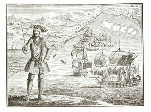 Kapten Bartholomew Roberts (1682-1722) med två fartyg, Royal Fortune and Ranger seglar i Whydah Road på Guineys kust, 11 januari 172?, från A General History of the Robberies och Mu av English School