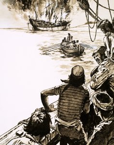 Kapten Juan Sebastian del Cano bränner ett av sina skepp av English School