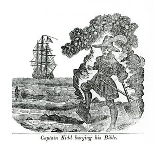 Kapten Kidd begraver sin bibel, illustration från "Pirates own Book" av Charles Elms av English School