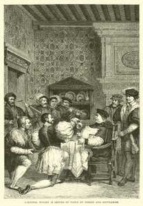 Kardinal Wolsey serveras vid bordet av adelsmän och herrar av English School