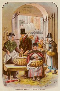 Carnarvon Market, en scen i Wales (färg litho) av English School