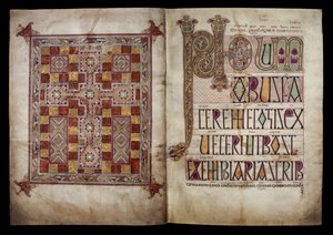 Mattblad och incipitblad som inleder S:t Hieronymus brev till påven Damasus, Cotton Nero D. IV, f.2v och f.3r från Lindisfarne-evangelierna, 710-721 (pergament) av English School