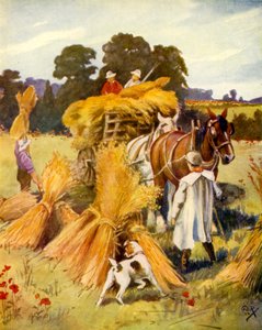 Carting the Corn (färg litho) av English School